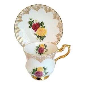 Vintage Rosina Teacup Saucer Red Yellow Rose Cottagecore Romantic Mid Century